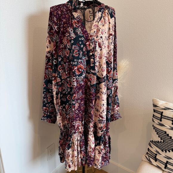 Adyson Parker Floral Patchwork Long Sleeve Boho Tiered Mini Dress NEW Large - Picture 1 of 9